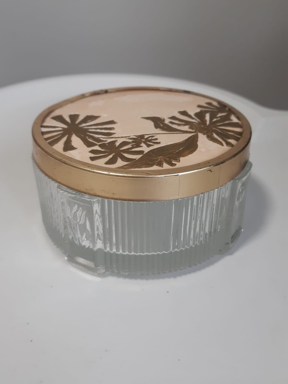 *3 for $20 deal* Vintage Avon Glass Trinket Box with Gold Floral Lid
